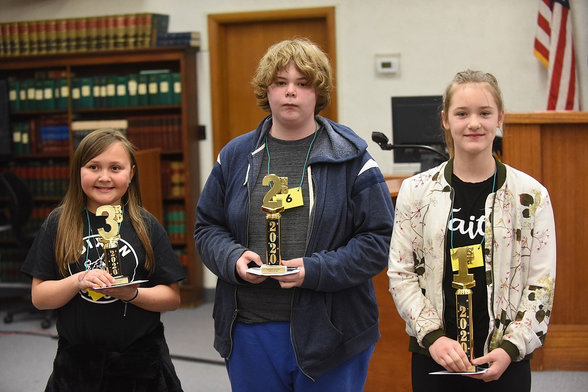 From left are the winners of the Sanders County spelling bee. Lucy Metcalf, a fourth-grade student from Dixon, was third. Gage Todd, a seventh-grade student from Trout Creek, was second. Naoma Knudsen, a sixth-grade student from Hot Springs, was first. (Scott Shindledecker/Valley Press)