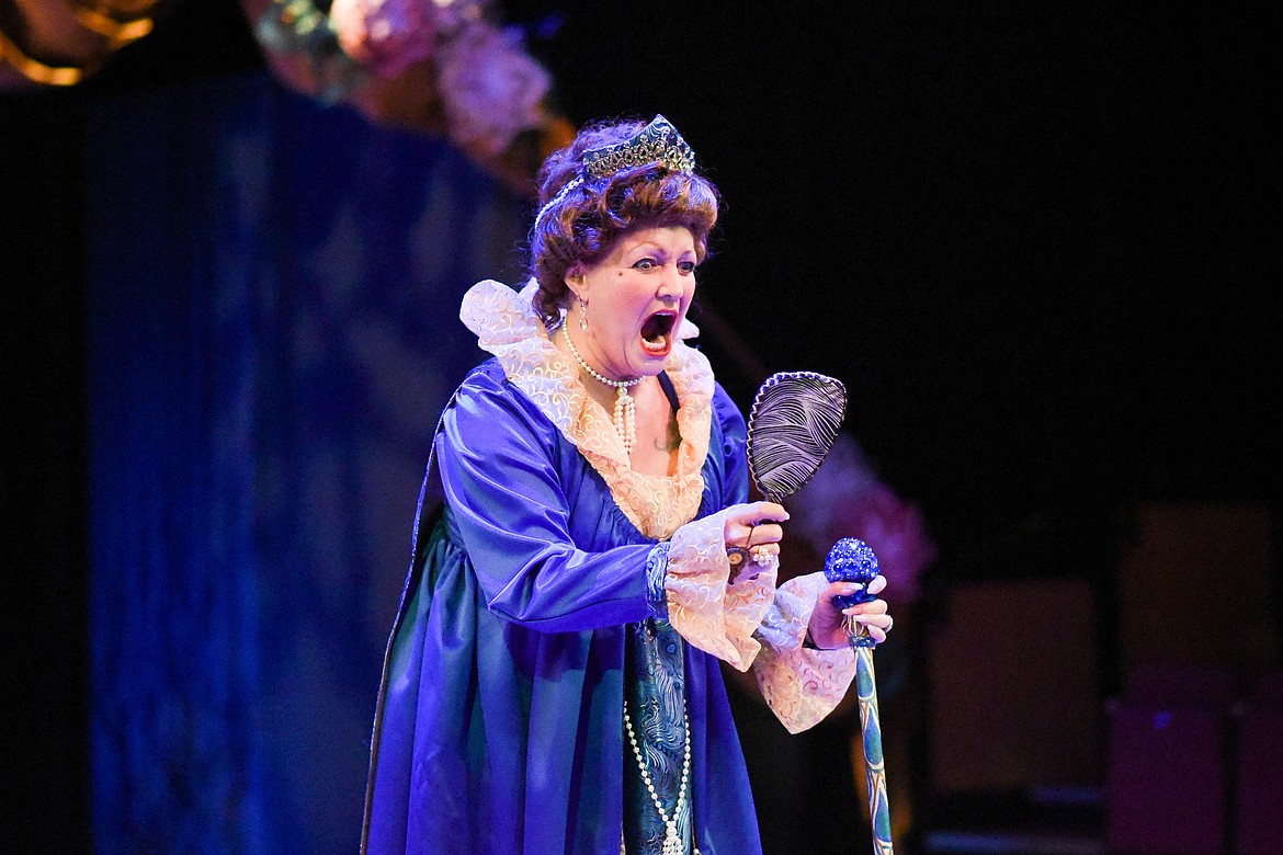 Queen Brangomar (Kara Bauer) looks back in the magic mirror with horror during Whitefish Theatre Co.'s production of &quot;Snow White and the Seven Dwarfs.&quot; (Daniel McKay/Whitefish Pilot)