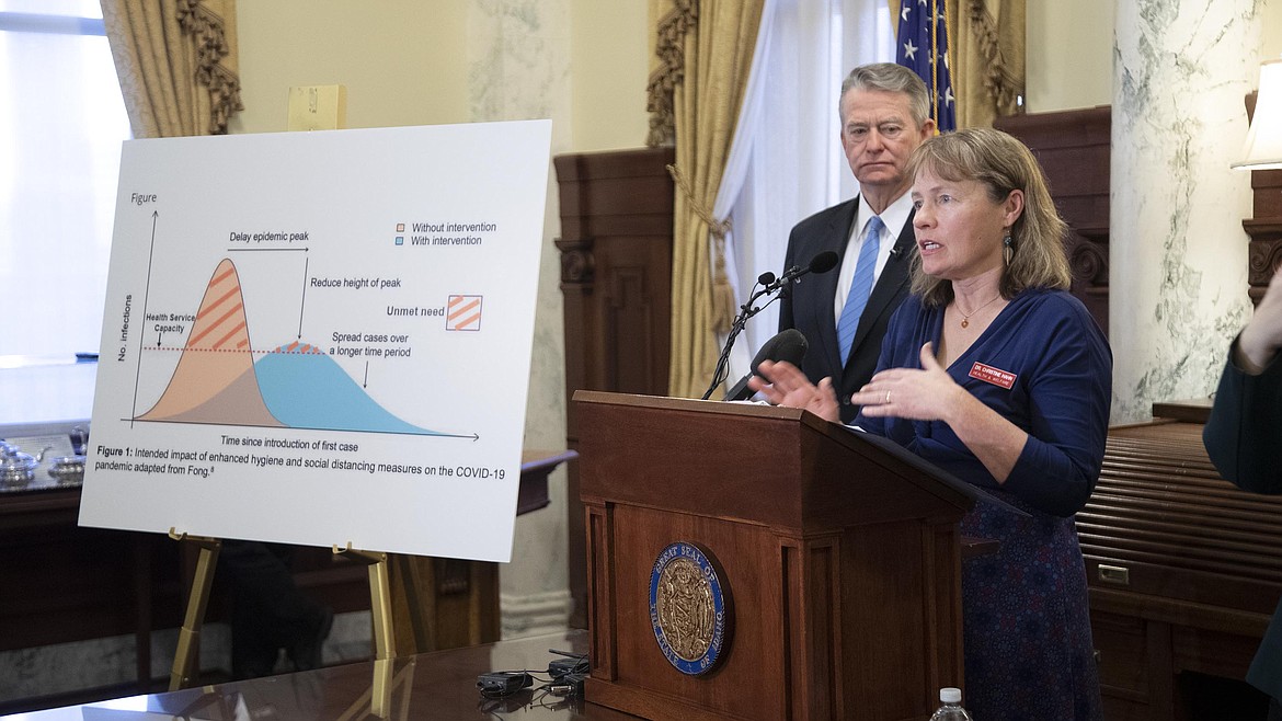 State epidemiologist Dr. Christine Hahn answers questions about Idaho's response to the coronavirus pandemic during a press conference Friday, March 13, 2020 in Boise, Idaho, called by Gov. Brad Little to announce a proactive state of emergency in Idaho. (Darin Oswald/Idaho Statesman via AP)