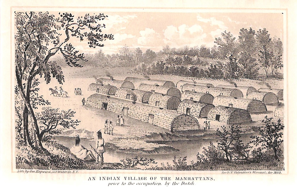 NYC DEPARTMENT OF RECORDS
What Manhattan may have looked like when Henry Hudson was there in 1609, showing Lenape Indian long houses.