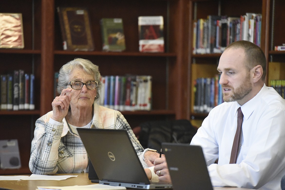 Sylvia Maffit, chair of the Troy Public Schools Board of Trustees, discusses closing the district&#146;s facilities with Superintendent Jacob Francom and the rest of the board during an emergency session March 15. Gov. Steve Bullock ordered schools closed statewide just minutes after the board voted to shutter them in Troy. (Derrick Perkins/The Western News)