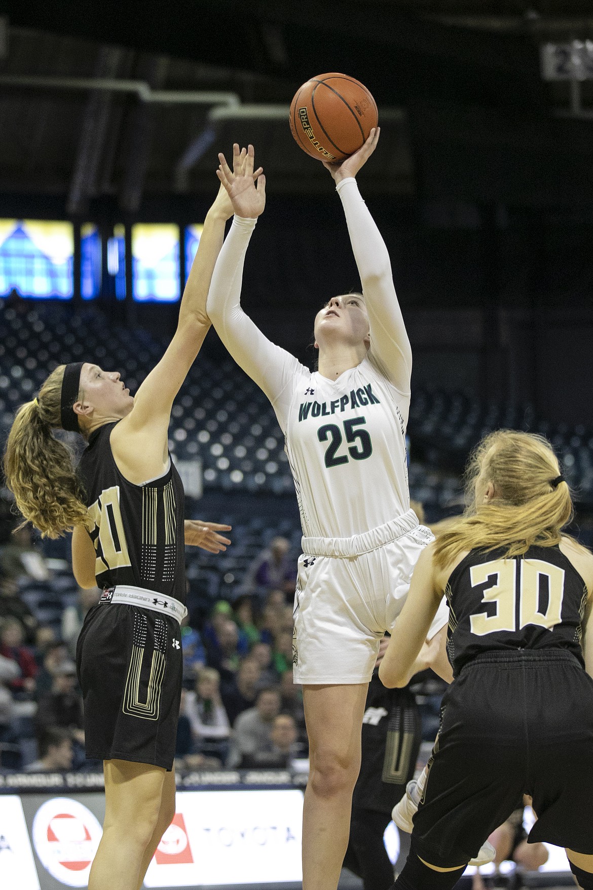 Glacier&#146;s Emma Anderson puts up a shot in the paint against Billings West in a quarterfinal game of the Class AA State Tournament Thursday, March 12, 2020, at Worthington Arena in Bozeman.  (Ryan Berry/Bozeman Daily Chronicle)