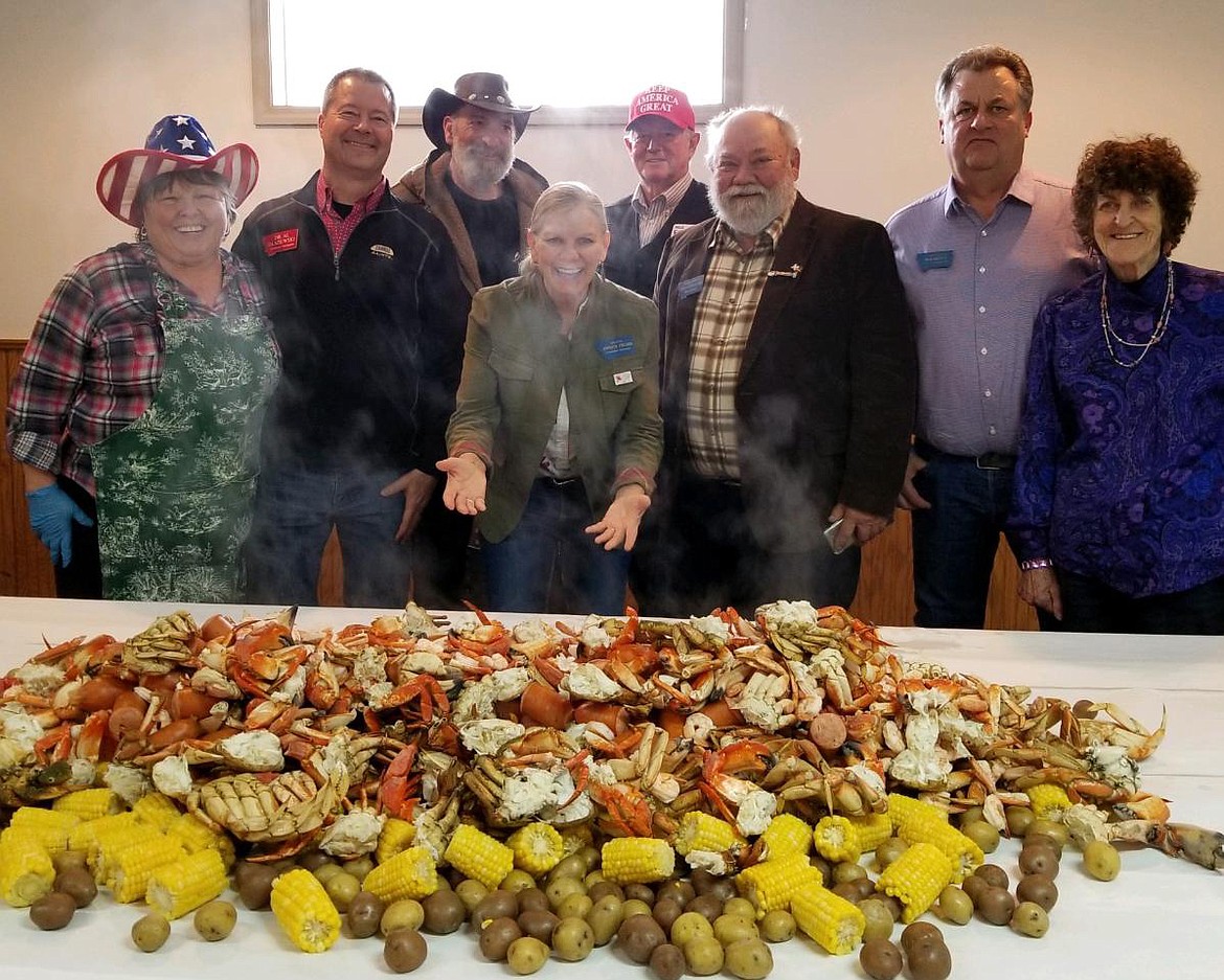 Enjoying the crab boil last Saturday in St. Regis were Vicki Harvey, Dr. Al Olszewski, Brett Harvey, Sen. Jennifer Fielder, Paul Fielder, Rep. Denley Loge, Rep. Bob Brown, Joan Carroll. (Photo courtesy Sen. Jennifer Fielder)