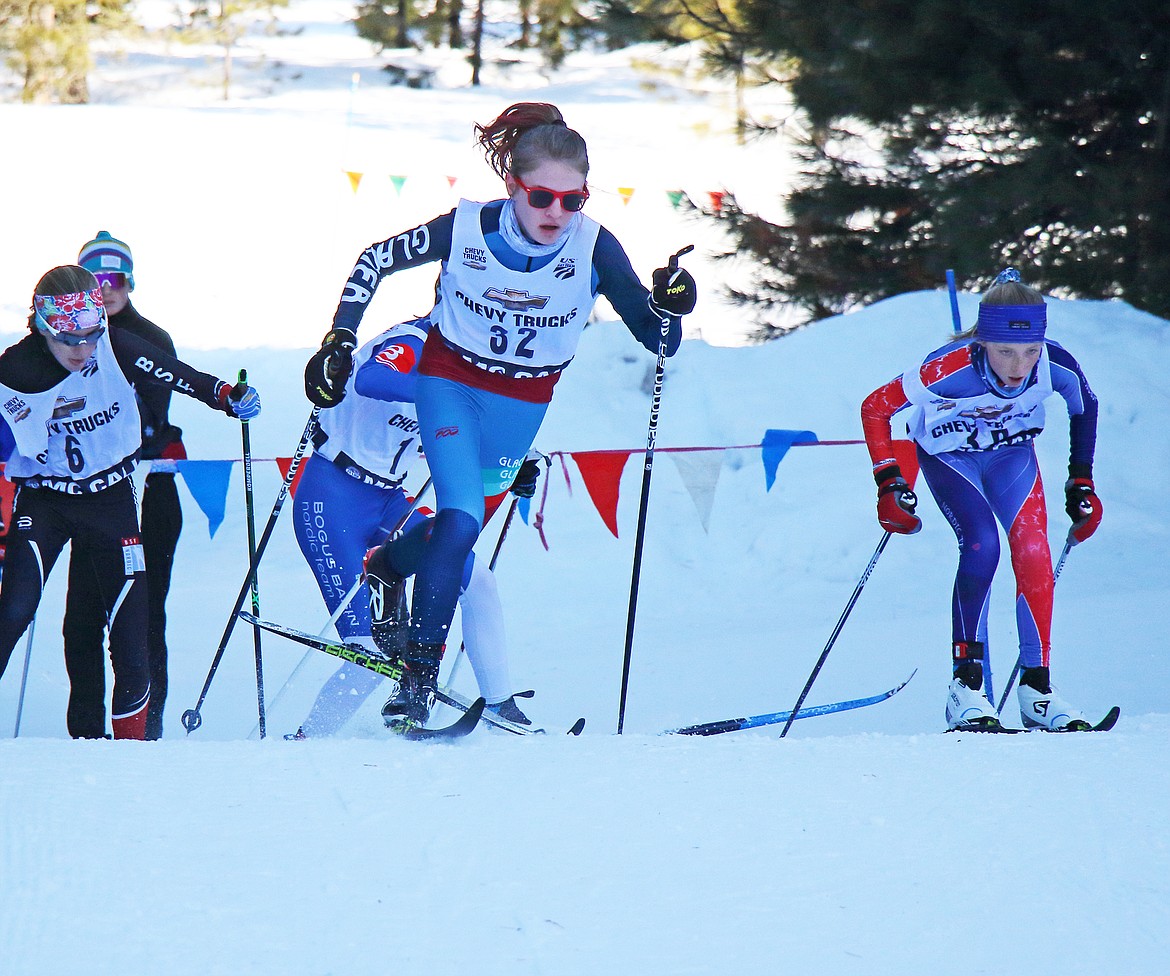 Glacier Nordic athlete Maeve Ingelfinger leads a group of racers up a hill in McCall, Idaho. (Photo courtesy Wayne Petsch)