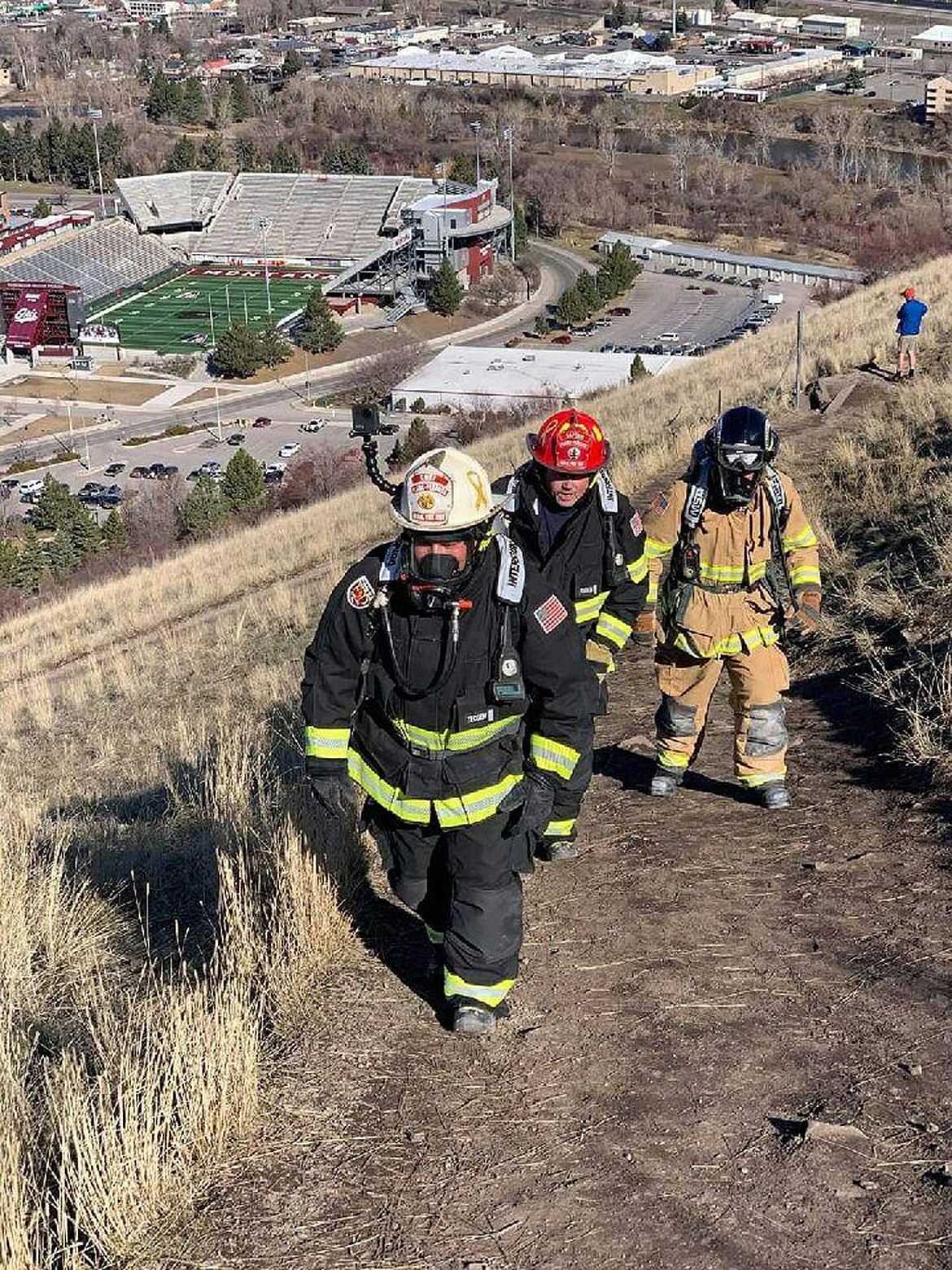 Local firefighters head up Mount Sentinel in Missoula last Sunday. Firefighters from Plains-Paradise and Hot Springs were going to walk up 69 levels of the Columbia Tower in Seattle Sunday, but the coronavirus altered their plans. (Photo courtesy Braden Starika)