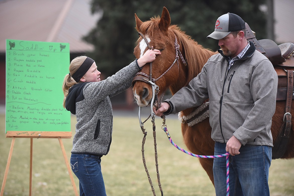 Addyson Deal, 11, of Thompson Falls, with a hand from her dad, Jay, shows how to place a headstall on her horse during last Saturday&#146;s Sanders County 4-H Communication Day event at Thompson Falls Elementary School. (Scott Shindledecker/Valley Press)