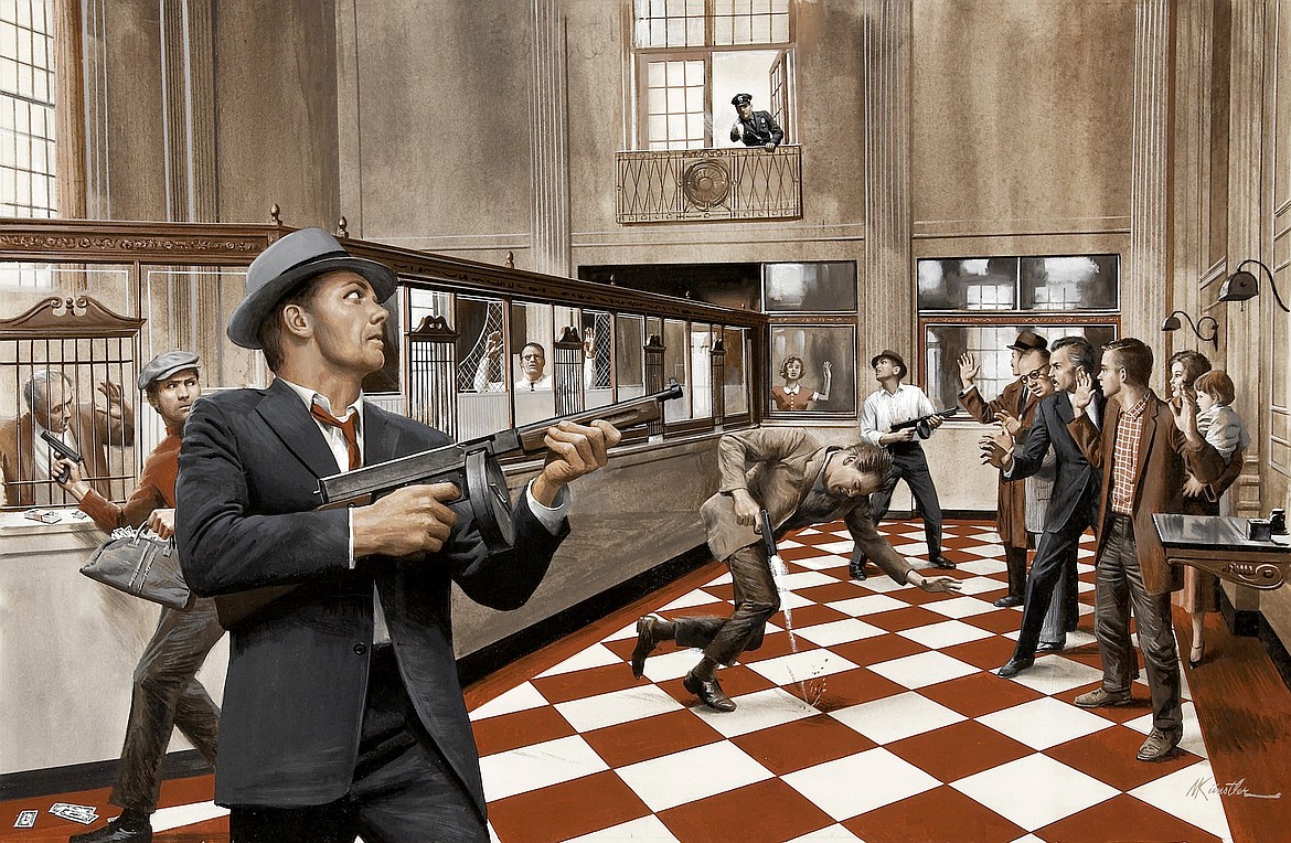 GOOGLE IMAGES
Artist illustration of a bank robbery, possibly the heist when John Dillinger killed a police officer who shot at him, but failed because the mobster was wearing a bullet-proof vest.