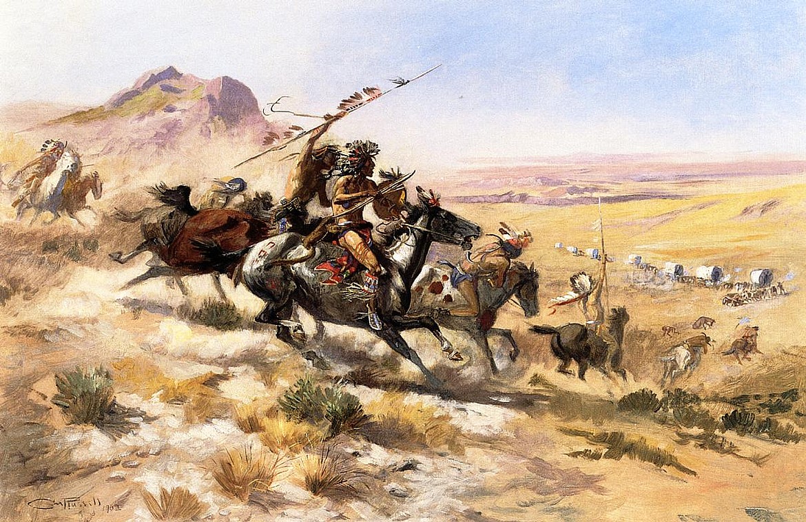 Charles M. Russell painting depicting an Indian attack on wagon trains, that happened frequently on the Santa Fe Trail, bringing protection from the U.S. Army who built forts along the route.