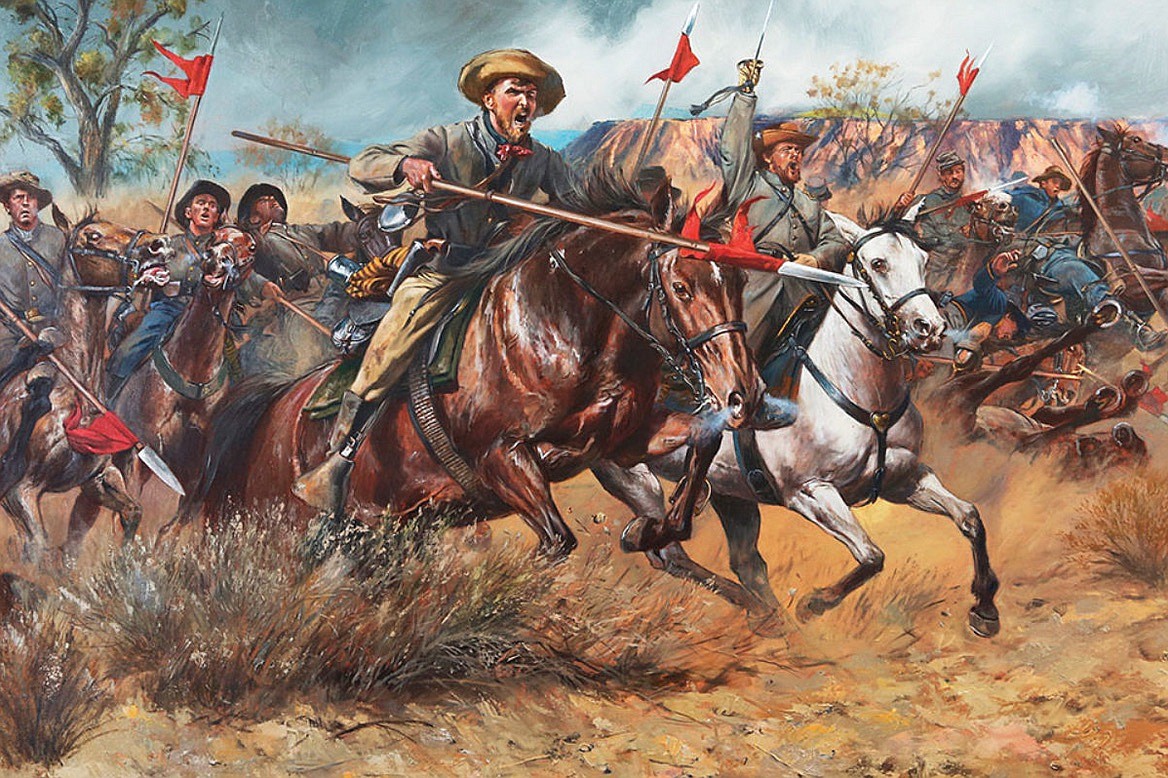 DON TROIANI/BRIDGEMAN IMAGES
When Confederate militia from Texas shown here and led by Brigadier General Henry H. Sibley invaded New Mexico, hoping to take the territory for the South, Kit Carson joined Union Colonel Edward R. S. Canby in stopping them at the Battle of Valverde in the Rio Grande Valley in 1862.