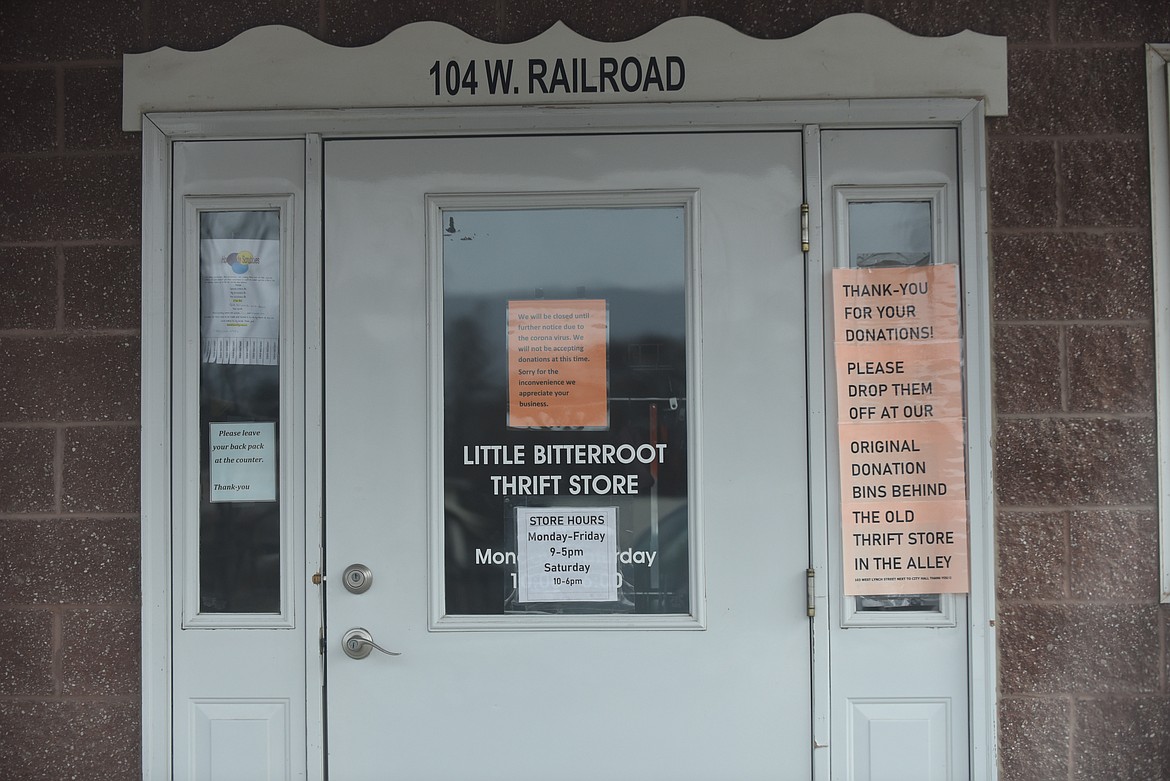 The special signage on the entrance of the Little Bitterrot Thrift Store was typical of what you would see throughout Sanders County in the wake of the coronavirus lockdown. The store is closed and not accepting donations. (Scott Shindledecker/Mineral Independent)