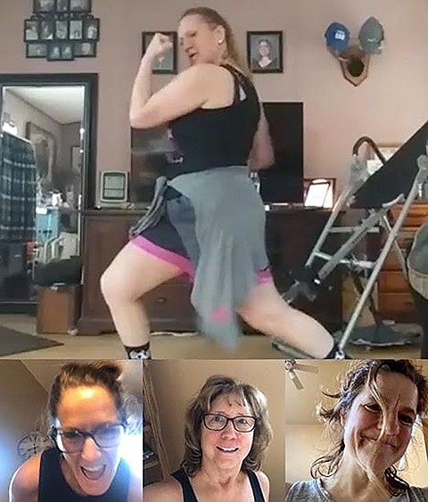 At bottom, from left, Terri Barclay, Trish Donovan, and Barb Jasper join from all around Montana dancing with local Oula instructor Tammy Lowry, top, as she leads classes online during state wide stay at home orders. (Photos courtesy of Terri Barclay and Tammy Lowry)