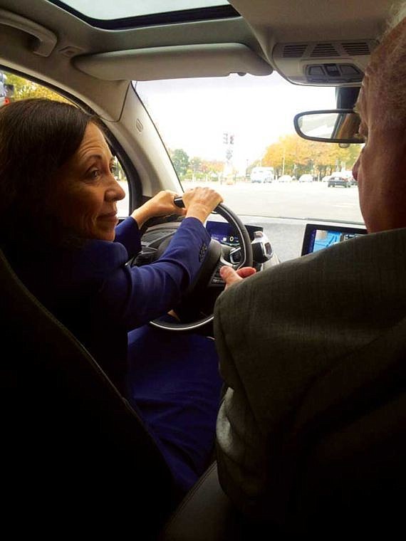 Sen. Maria Cantwell, D-Wash. test drives a BMW i3 at the Washington D.C. rollout of the all-electric vehicle made with carbon fiber manufactured in Moses Lake.