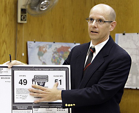 &lt;p&gt;Neil Schmidt, representing Honda, shows a gas mileage sticker display similar to the one on the car bought by Heather Peters, not shown, at small claims court in Torrrance, Calif., Tuesday, Jan. 3, 2012. Peters, who says her 2006 Honda Civic Hybrid never achieved the 50 mpg Honda claimed in its advertising, has opted out of a class action settlement agreed to by Honda because it does not provide enough remuneration. (AP Photo/Reed Saxon)&lt;/p&gt;