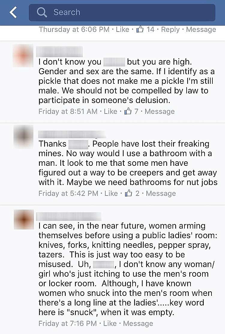A sample of the comments on the Heralds Facebook page responding to the new Washington state bathroom rule.