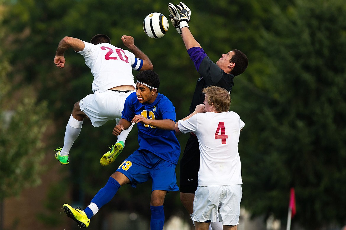 &lt;p&gt;TESS FREEMAN/Press&lt;/p&gt;&lt;p&gt;North Idaho College&#146;s goalkeeper Robert Powles and defenders Brady Ulen, left, and Sidny Rayne blocks an Edmonds Community College&#146;s corner kick against forward Sanad Elghanai during the first half of the game on Tuesday, Sept. 16, 2014.&lt;/p&gt;