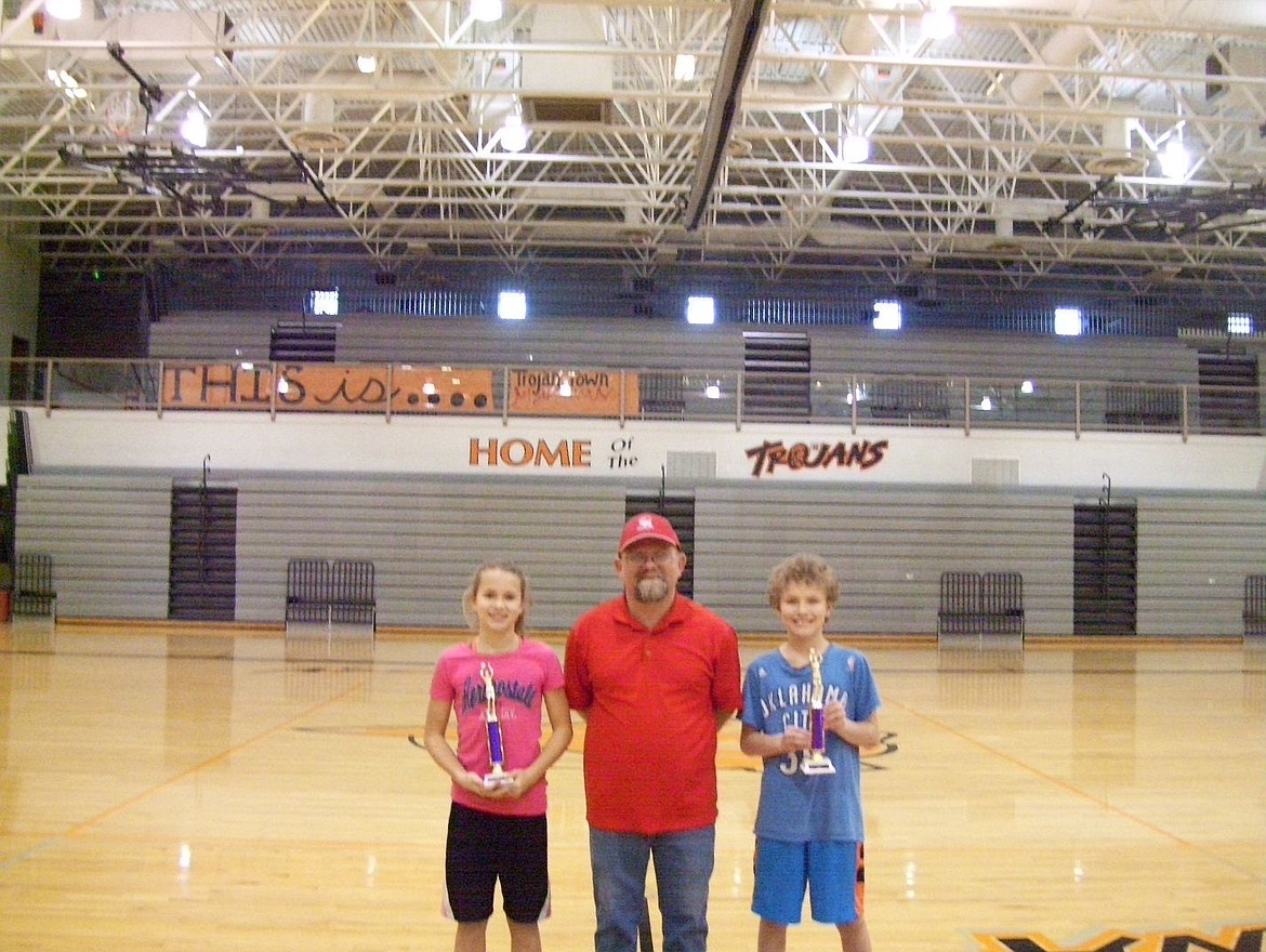 &lt;p&gt;Courtesy photo&lt;/p&gt;&lt;p&gt;Winning this year's Waide Hamner Top Gun awards at Sunday's local Elks Hoop Shoot at Post Falls High School were, girls three-time champion Alexis Heath, left; and boys two-time winner Deacon Kiesbuy. At center is Hoop Shoot Director Rick Alexander Jr.&lt;/p&gt;