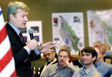 Sen. Max Baucus, D-Mont., says he will pursue federal solutions to concerns about a proposed coal mine in the British Columbia headwaters of the Flathead River drainage. Baucus addressed about 180 people Monday morning at a meeting organized by the Flathead Basin Commission. At right is state fisheries biologist Mark Deleray, who also spoke at the meeting. Karen Nichols /Daily Inter Lake