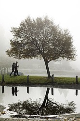<p>SHAWN GUST/Press Sara Taylor, left, and Zachary Hannibal, both of Twin Lakes, enjoy a foggy morning stroll bar McEuen Park in Coeur d'Alene on Tuesday.</p>