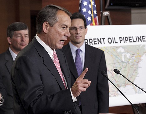 &lt;p&gt;House Speaker John Boehner of Ohio, center, accompanied by House Majority Leader Eric Cantor of Va., right, and Rep. Jeb Hensarling, R-Texas, gestures during a news conference on Capitol Hill in Washington, Wednesday, Jan. 18, 2012, to discuss President Barack Obama's decision to halt the Keystone XL pipeline. (AP Photo/J. Scott Applewhite)&lt;/p&gt;