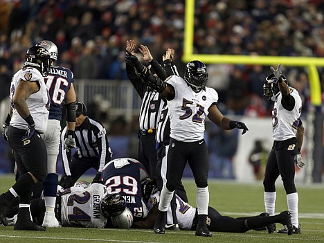 &lt;p&gt;Baltimore's Ray Lewis (52) celebrates his team's fumble recovery against the New England Patriots during the second half of the AFC Championship on Sunday in Foxborough, Mass.&lt;/p&gt;