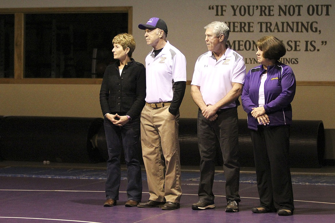 <p>Bill and Bob Owen with their wives before the start of the wrestling match last Thursday.</p>