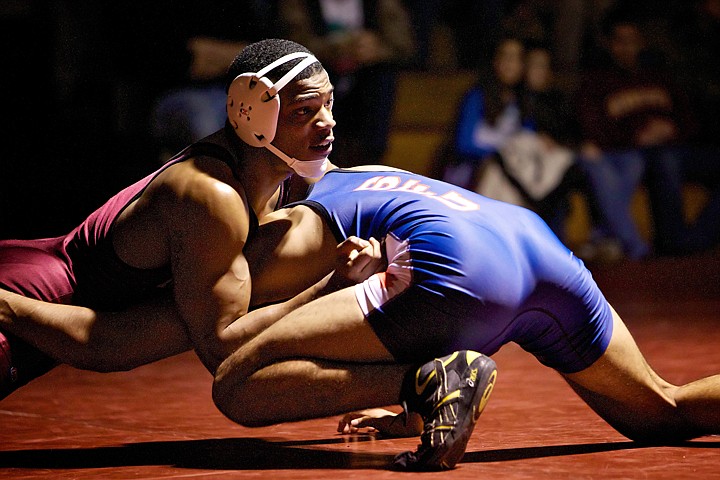 &lt;p&gt;North Idaho College's Jamelle Jones pushes against Manvir Sahotau from Simon Fraser University during the 197-pound match that Jones won with a pin.&lt;/p&gt;