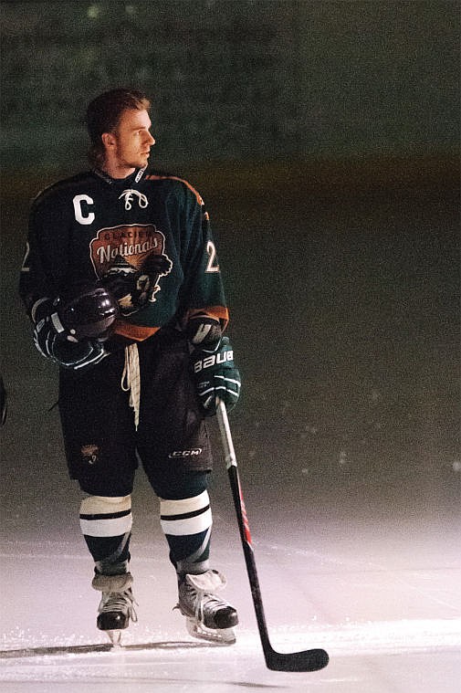 <p>Glacier Nationals Captain Paul Kinder stands on the ice during introductions before the Nationals game against Great Falls Dec. 12 at the Stumptown Ice Den in Whitefish, Montana.</p>