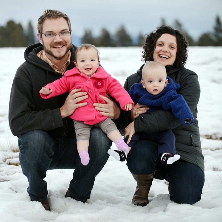 <p>Matt and Shareen Springer with their 9 month-old twins Lily and Ben at Flathead Valley Community College on Tuesday, January 14, in Kalispell. (Brenda Ahearn/Daily Inter Lake)</p>