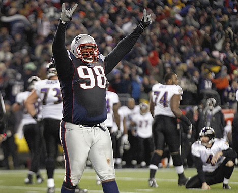 &lt;p&gt;New England Patriots defensive tackle Gerard Warren celebrates after the Baltimore Ravens missed a 32-yard field goal attempt in the closing seconds of the AFC Championship on Sunday in Foxborough, Mass. The Patriots defeated the Ravens 23-20.&lt;/p&gt;