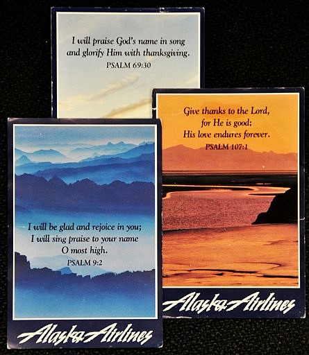 &lt;p&gt;In this handout provided by Alaska Airlines, prayer cards of the
type given to passengers on their meal trays are seen. After 30
years of giving passengers spiritual words to reflect on while they
eat their meals, Alaska Airlines is retiring the prayer cards on
Feb 1, 2012. Airline spokeswoman Bobbie Egan says the decision was
made after hearing from customers who preferred not to mix religion
with transportation. She says the cards began as a marketing ploy
to differentiate the regional airline from its competitors. The
cards offer a rotating message of different psalms from the Old
Testament. (AP Photo/Alaska Airlines)&lt;/p&gt;