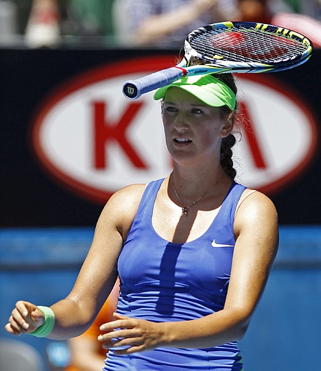 &lt;p&gt;Victoria Azarenka of Belarus puts a racket on her head after she lost a point against Kim Clijsters of Belgium during their semifinal at the Australian Open tennis championship, in Melbourne, Australia, Thursday, Jan. 26, 2012. (AP Photo/Aaron Favila)&lt;/p&gt;