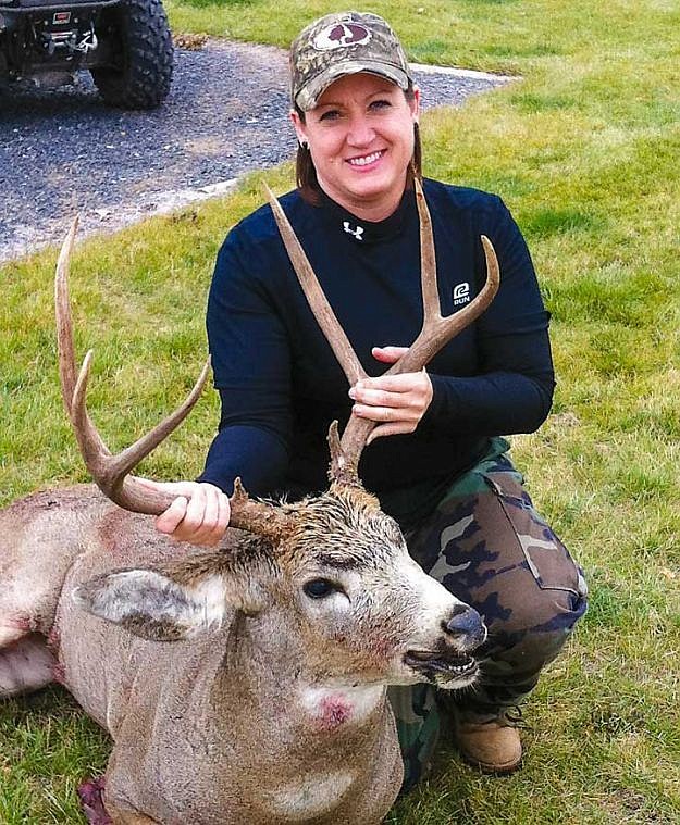 This deer was shot 12 miles north of Moses Lake on opening day of general deer season by Tina Steinmetz. We had seen this buck in the dark, but we decided to hit the farm since we had seen a few nice legal bucks out there as well. We didn't find anything at the farm so I decided to drive home a different route in hopes of finding the buck we had seen in the dark. Guess what? We found him bedded in some brush and Tina made a great shot with her .300WSM at about 150 yards. Every time I take her deer hunting we seem to find the big ones and she gets them. She's a great hunter. It seems to have been an average season to my hunting party as we bagged three out of four tags. This year my son shot the heaviest mule deer my father and I have ever seen. It dressed at 265 pounds with a 30-inch neck.