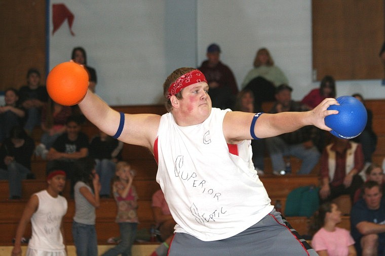 Brian Labbe, on the Superior Septic Dodgeball team, lets one fly during the tournament, Superior Septic won.