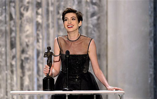 &lt;p&gt;Anne Hathaway accepts the award for outstanding female actor in a supporting role for &igrave;Les Miserables&icirc; at the 19th Annual Screen Actors Guild Awards at the Shrine Auditorium in Los Angeles on Sunday Jan. 27, 2013. (Photo by John Shearer/Invision/AP)&lt;/p&gt;