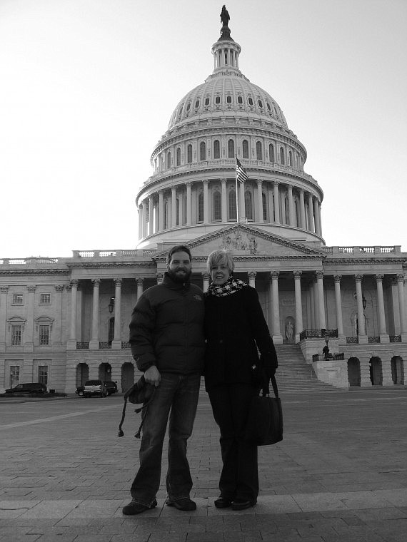 Paula Petri and her son Chad stand in front of the United States Capitol while visiting Washington, D.C. for President's Obama's inauguration.