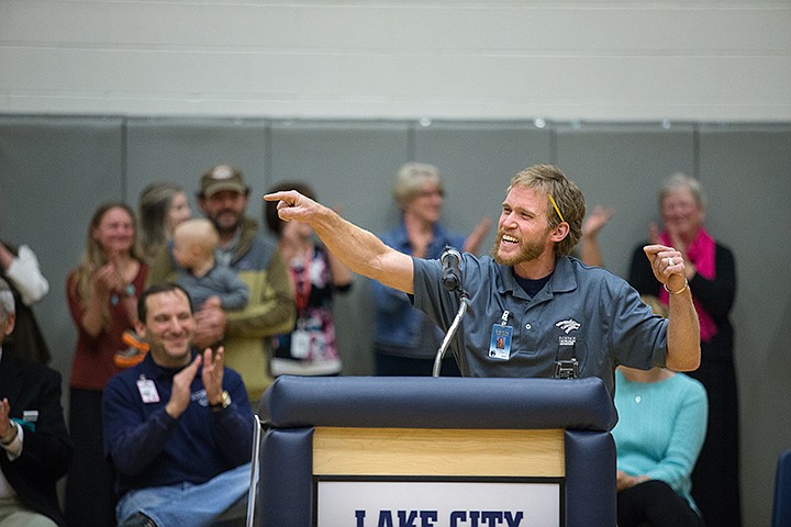 &lt;p&gt;GABE GREEN/Press New Idaho Teacher of The Year, Jamie Esler, a science teacher at Lake City High School thanks students and fellow teachers at a school assembly Friday morning after being presented with the award. The entire school was led to believe the assembly was related to a safety inspection. The announcement for teacher of the year was a surprise to all, including Esler&#146;s mother Linda who was in attendance.&lt;/p&gt;