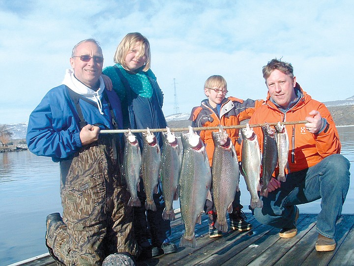 Bob Robelia of Chelan Falls fished with Anton Jones on Jan. 22 along with his son-in-law Todd Schip of Wenatchee, his 9-year-old granddaughter and 5-year-old grandson, Jude. They have their limits of Rufus triploids, two each, with the largest fish weighed 9 pounds.