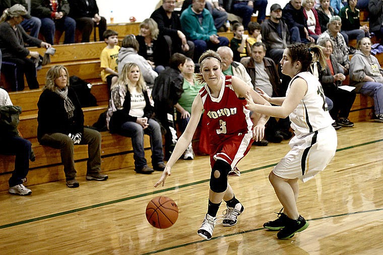 &lt;p&gt;McKenna Krueger takes the ball down the court during the game against St. Regis.&lt;/p&gt;