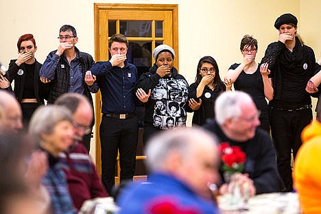 &lt;p&gt;Members of the Gay Straight Alliance and Parents, Families and Friends of Lesbians and Gays (PFLAG) protest the Kootenai County State Legislators who voted against the &#147;Add the Words&#148; bill during a town hall meeting hosted by the Kootenai County Republican Party and the North Idaho College Republicans on Saturday morning. Protestors held a hand over their mouths to signify that there voice is not heard by the Kootenai County State Legislators.&lt;/p&gt;