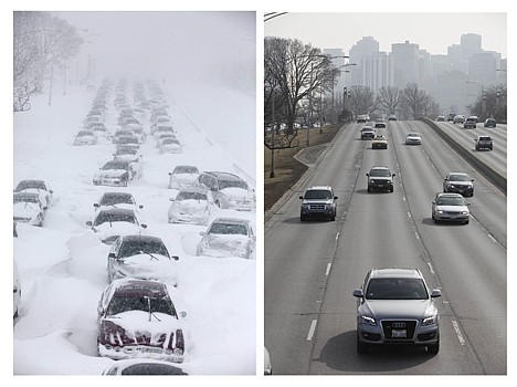 &lt;p&gt;In this photo combination, hundreds of cars are stranded on Lake Shore Drive on Feb. 2, 2011, in Chicago, left, while traffic moves along smoothly on the same stretch of Lake Shore Drive on Wednesday, Feb. 1, 2012, right. A winter blizzard of historic proportions wobbled an otherwise snow-tough Chicago on Feb. 1, 2011, stranding hundreds of drivers for up to 12 hours overnight on the city's showcase thoroughfare and giving many city schoolchildren their first ever snow day. (AP Photo/Kiichiro Sato, File)&lt;/p&gt;