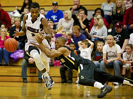 &lt;p&gt;North Idaho College's Jalil Abdul-Bassit sprints to the ball after forcing a turnover as Montigo Alford from College of Southern Idaho falls into him during the first half Saturday.&lt;/p&gt;