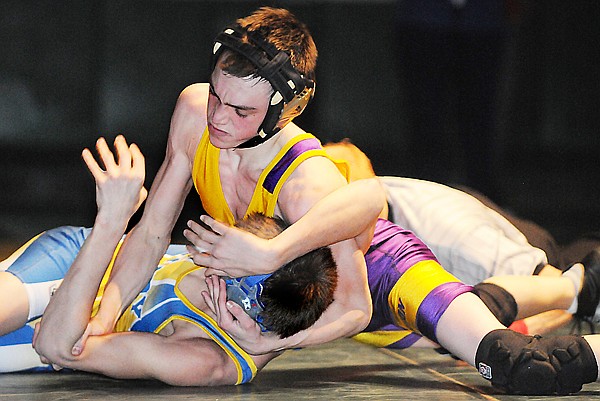 Polson's Dylan Moll wrestles Libby's Isaac King in the final at the Northwest A on Saturday in Whitefish. Moll won by pin at 4:24.