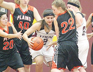 &lt;p&gt;Aurora Becquart fouled under the basket 1 for 2 from the line second quarter vs. Plains. Plains defenders Jade LaDeaux, left, Jessica Thompson and Carley Vonheeder.&lt;/p&gt;