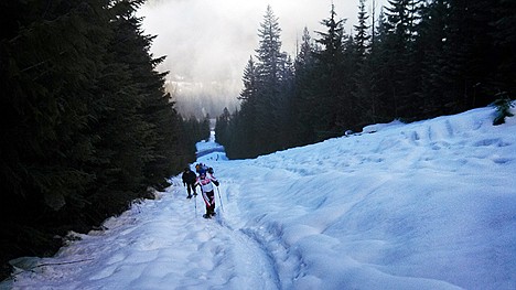 &lt;p&gt;Hunter Price of Hayden leads a line of snowshoers up a steep slope off the Fourth of July Pass on Saturday.&lt;/p&gt;