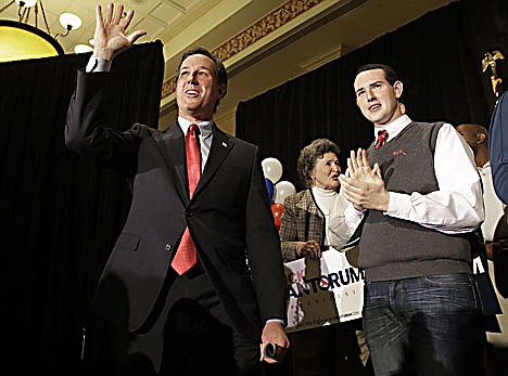 &lt;p&gt;Republican presidential candidate former Pennsylvania Sen. Rick Santorum, waves to supporters as his son John, right, applauds during a primary night watch party Tuesday, Feb. 7, 2012, in St. Charles, Mo. (AP Photo/Jeff Roberson)&lt;/p&gt;