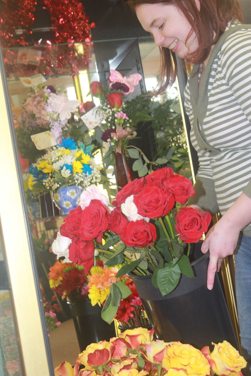 <p>Lizzie Lapierre stocks the flower case with roses at Jackie’s Flowers in Superior. Jackie orders 500 roses for area residents in anticipation of Valentine’s Day. “The red roses always go first,” said owner Jackie Callison.</p>