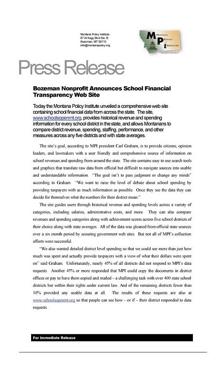 Press Release Central: Bozeman Nonprofit Announces School Financial Transparency Web Site