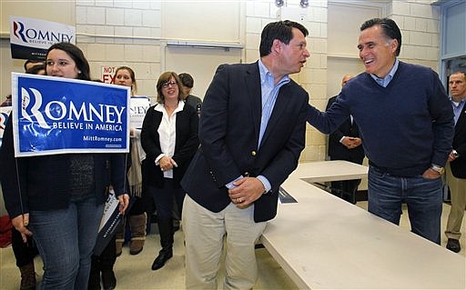 &lt;p&gt;Republican presidential candidate Mitt Romney chats with a
supporter at a caucus, Saturday, Feb. 11, 2012, in Portland, Maine.
(AP Photo/Robert F. Bukaty)&lt;/p&gt;