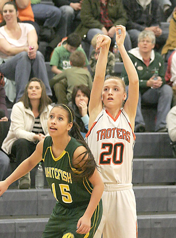 &lt;p&gt;Plains Trotter freshman Carley VonHeeder follows through on her three-pointer shot on the buzzer during the game against Whitefish on Feb. 7 at home. The Trotters defeated Whitefish, 52-24.&lt;/p&gt;