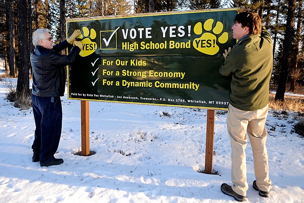 &lt;p&gt;Turner Askew, left, and John Muhlfeld work together Tuesday to
put up a sign supporting the Whitefish High School bond request.
The sign was installed near the intersection of U.S. 93 and Montana
40. Muhlfeld defeated Askew last year in the election for Whitefish
mayor.&#160;&lt;/p&gt;